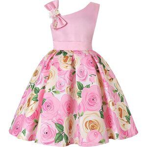 🆕Girls Pink Cotton Blend Flower Dress Sleeveless Off-Shoulder Beaded Bow 2-10Y